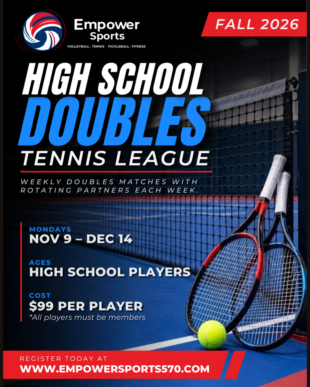 TENNIS & Pickleball Fall 2026 – Empower Sports high school doubles league